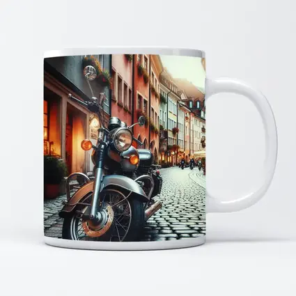 Classic Cruiser Motorcycle Parked Cobblestone European Street