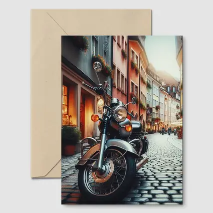 Classic Cruiser Motorcycle Parked Cobblestone European Street