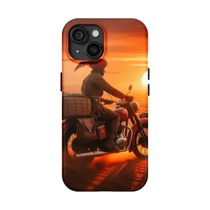 Rider on Motorcycle Desert Sunset Scene