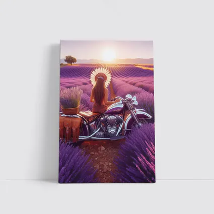 Woman on Cruiser Motorcycle Lavender Field Sunset