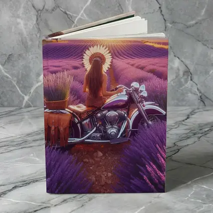 Woman on Cruiser Motorcycle Lavender Field Sunset