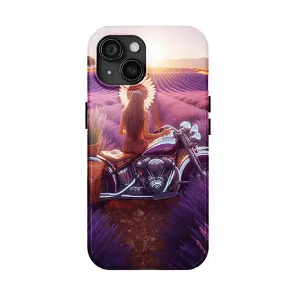 Woman on Cruiser Motorcycle Lavender Field Sunset