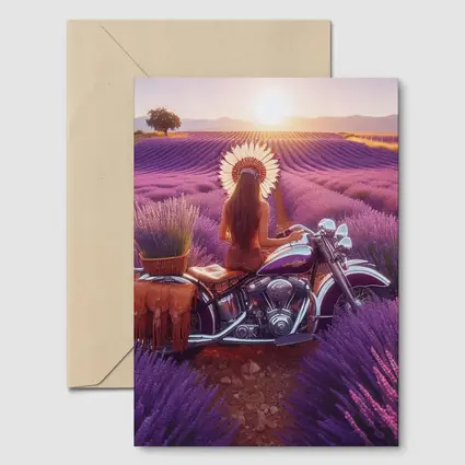 Woman on Cruiser Motorcycle Lavender Field Sunset