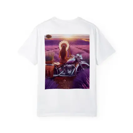 Woman on Cruiser Motorcycle Lavender Field Sunset
