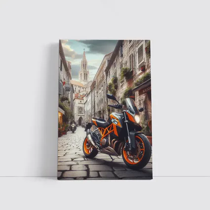 KTM Duke Motorcycle on European Cobblestone Street