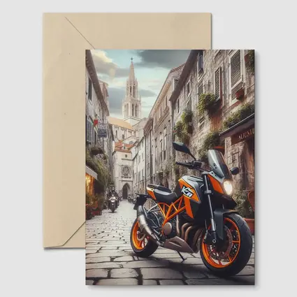 KTM Duke Motorcycle on European Cobblestone Street