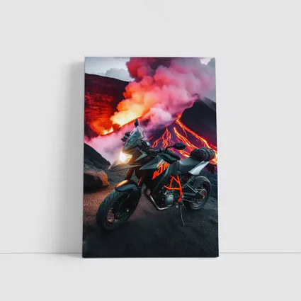 KTM Motorcycle Parked Near Erupting Volcano