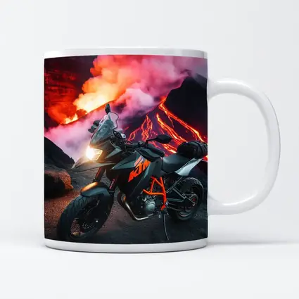 KTM Motorcycle Parked Near Erupting Volcano