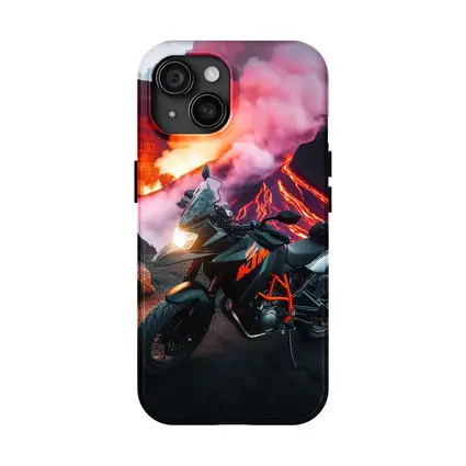 KTM Motorcycle Parked Near Erupting Volcano