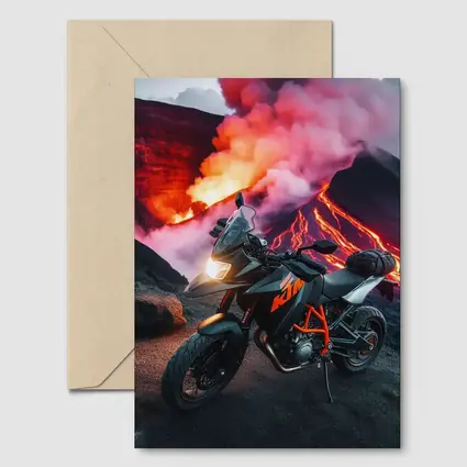 KTM Motorcycle Parked Near Erupting Volcano