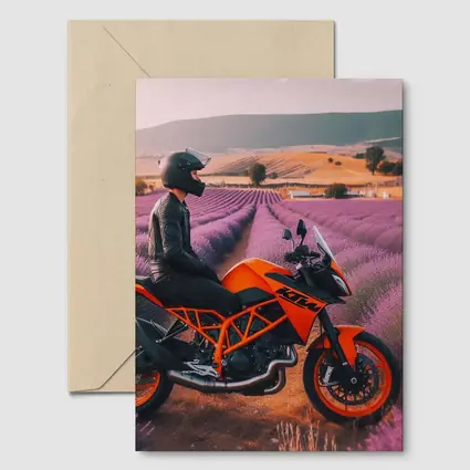 KTM Motorcycle Rider Lavender Fields Background
