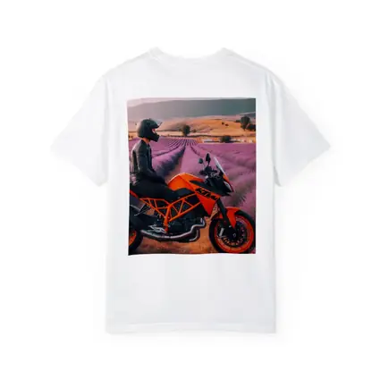 KTM Motorcycle Rider Lavender Fields Background