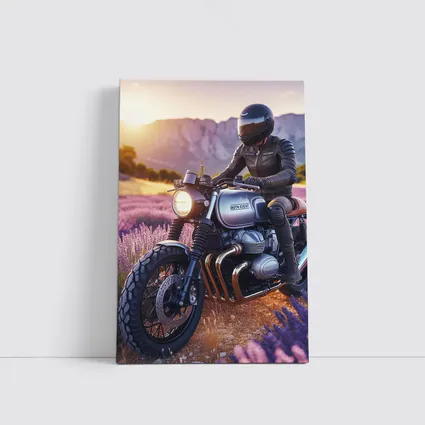 Cafe Racer Motorcycle Rider Lavender Fields Sunset