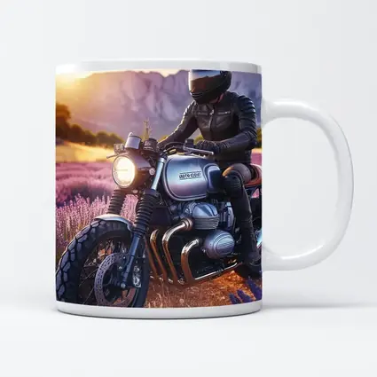 Cafe Racer Motorcycle Rider Lavender Fields Sunset