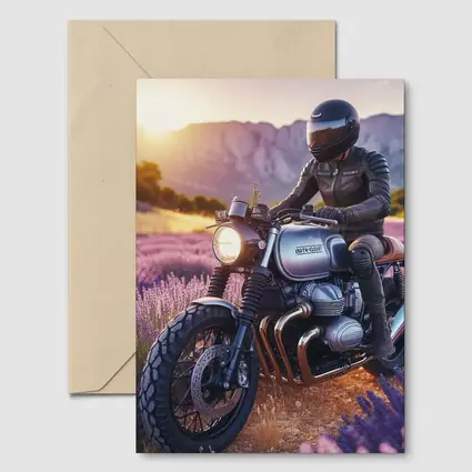 Cafe Racer Motorcycle Rider Lavender Fields Sunset