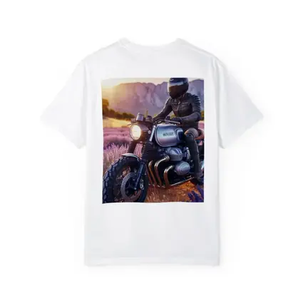 Cafe Racer Motorcycle Rider Lavender Fields Sunset