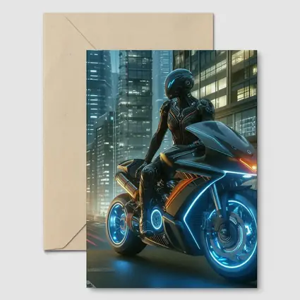 Futuristic Cyberpunk Motorcycle Rider Neon City