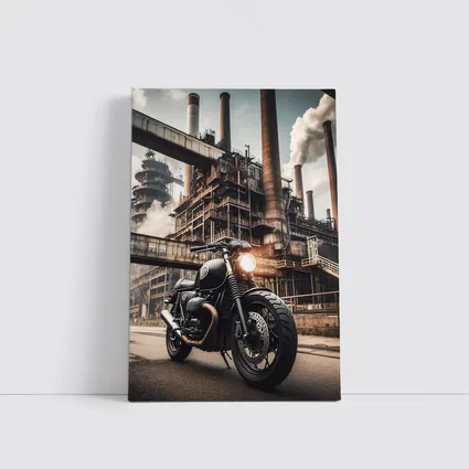 Black Cafe Racer Motorcycle Industrial Factory Background