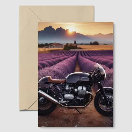 Cafe Racer Motorcycle Lavender Fields Sunset