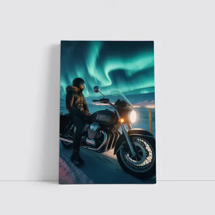 Cruiser Motorcycle Rider Under Northern Lights