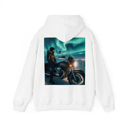 Cruiser Motorcycle Rider Under Northern Lights