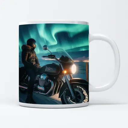 Cruiser Motorcycle Rider Under Northern Lights