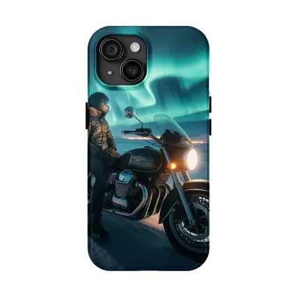 Cruiser Motorcycle Rider Under Northern Lights
