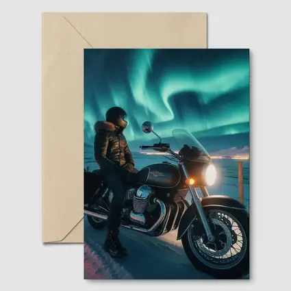 Cruiser Motorcycle Rider Under Northern Lights
