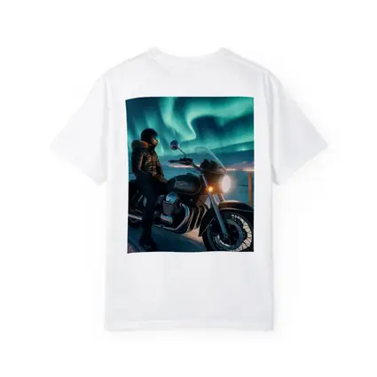 Cruiser Motorcycle Rider Under Northern Lights