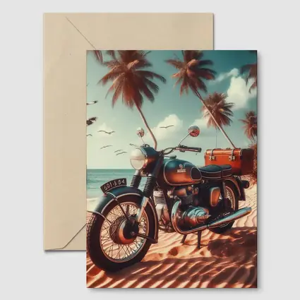 Vintage Classic Motorcycle Parked on Tropical Beach