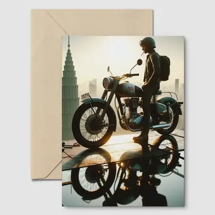 Royal Enfield Rider City Skyline Sunset