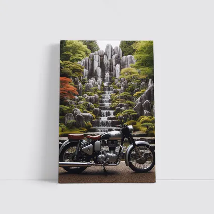 Royal Enfield Classic Motorcycle Japanese Garden Waterfall