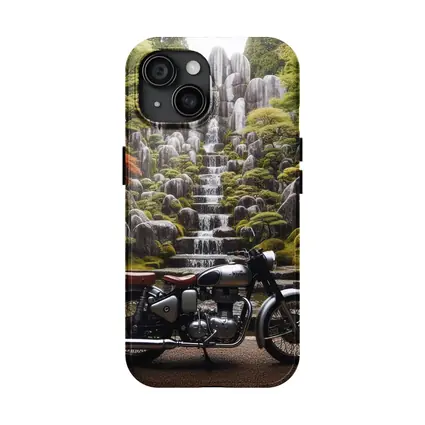 Royal Enfield Classic Motorcycle Japanese Garden Waterfall