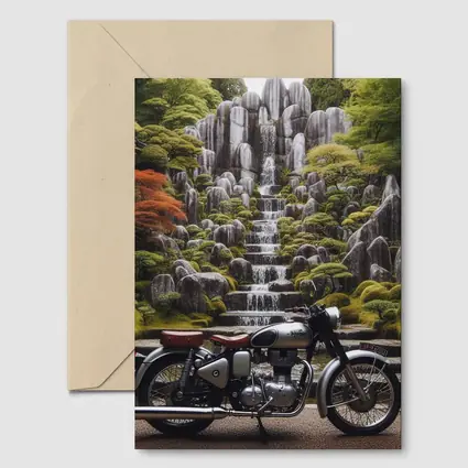 Royal Enfield Classic Motorcycle Japanese Garden Waterfall