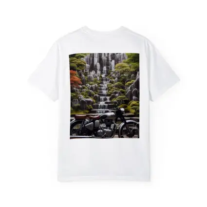 Royal Enfield Classic Motorcycle Japanese Garden Waterfall
