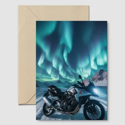 Suzuki Motorcycle Northern Lights Snowy Mountains