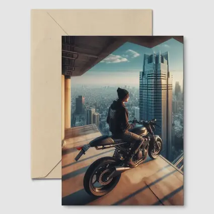 Scrambler Motorcycle Rider City Skyline View