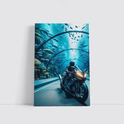 Sport Bike Rider Inside Underwater Aquarium Tunnel