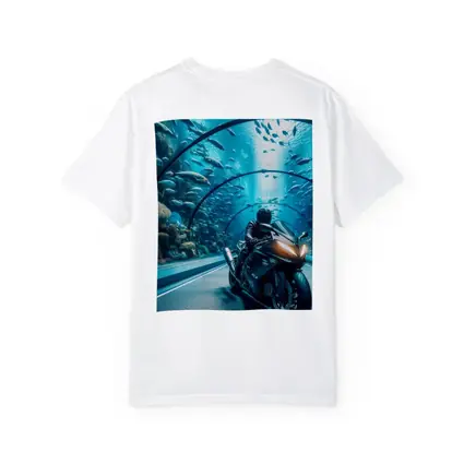 Sport Bike Rider Inside Underwater Aquarium Tunnel
