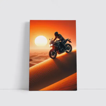 Sport Bike Rider Crossing Desert Sand Dunes Sunset
