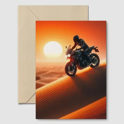 Sport Bike Rider Crossing Desert Sand Dunes Sunset