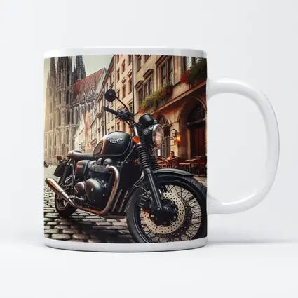 Triumph Motorcycle Parked on European Cobblestone Street