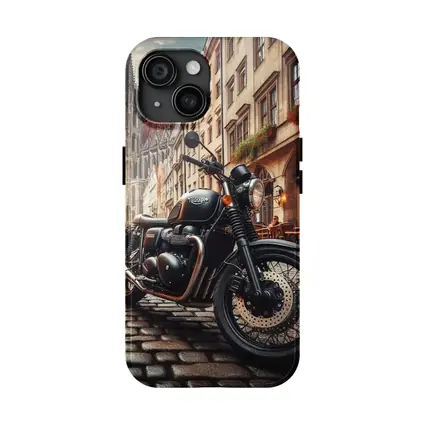 Triumph Motorcycle Parked on European Cobblestone Street