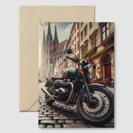 Triumph Motorcycle Parked on European Cobblestone Street