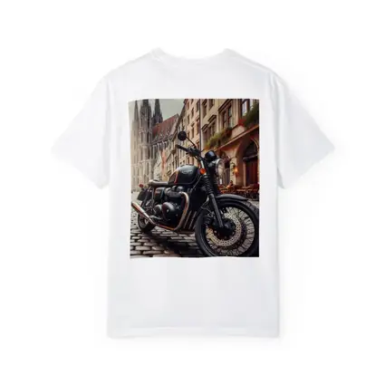 Triumph Motorcycle Parked on European Cobblestone Street