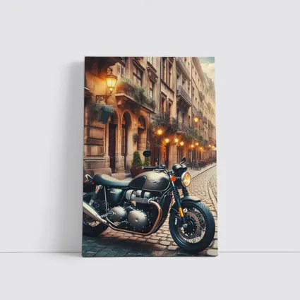 Triumph Motorcycle Parked on Cobblestone Street