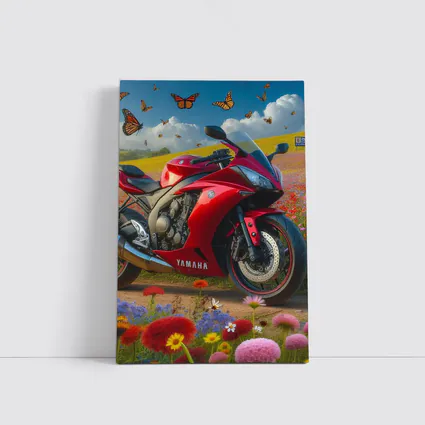 Red Yamaha Sport Bike Wildflower Field Butterflies