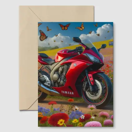 Red Yamaha Sport Bike Wildflower Field Butterflies