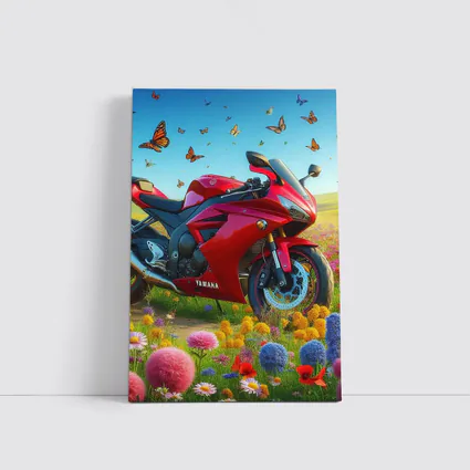 Red Yamaha Sport Bike Wildflower Meadow Butterflies