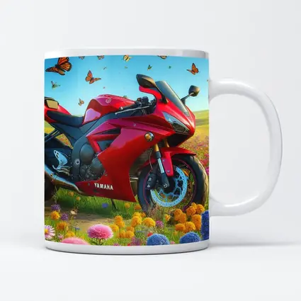 Red Yamaha Sport Bike Wildflower Meadow Butterflies